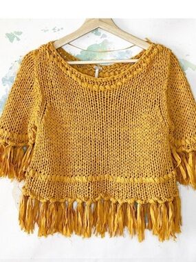 Free People Golden Mustard Fringe Scoop Neck Sweater